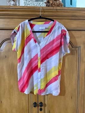 Calvin Klein Pink, Yellow & White Striped V-Neck Blouse- M